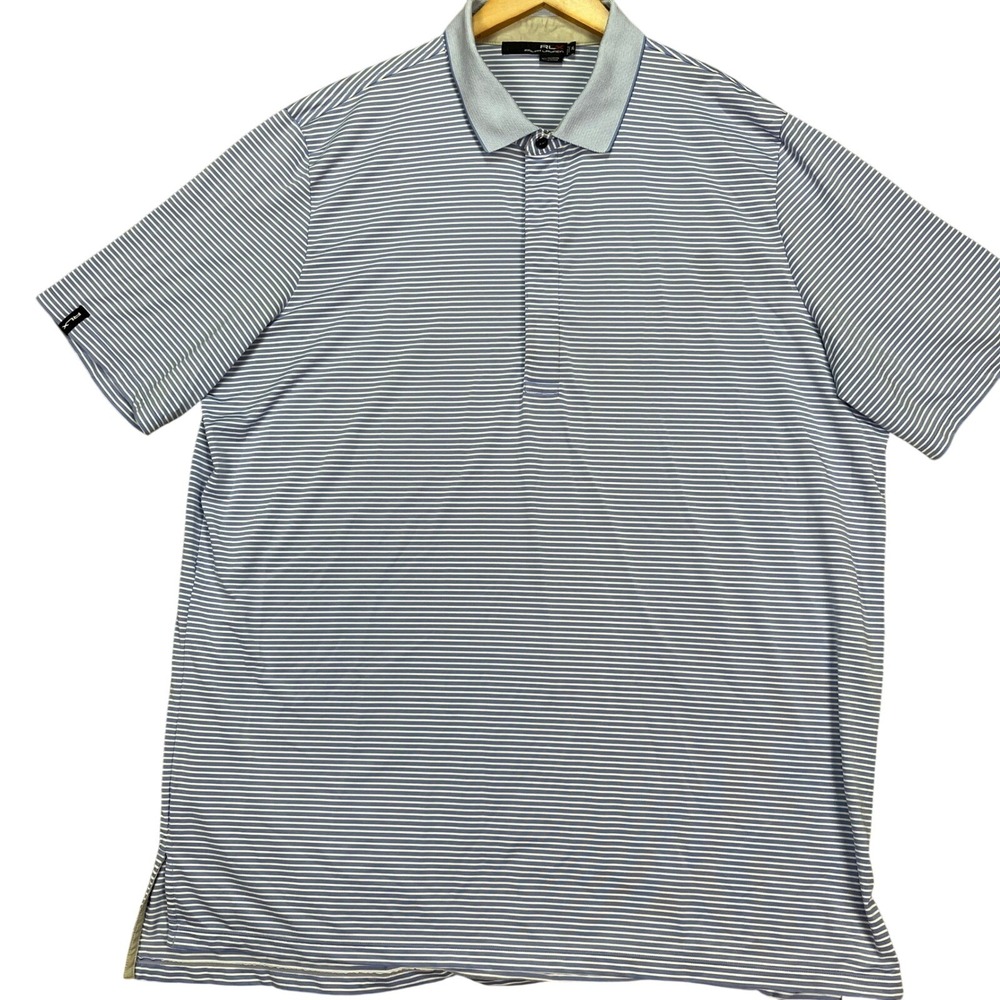 RLX Ralph Lauren Polo Shirt Mens XL Blue White Striped Short Sleeve Performance